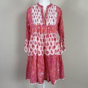 Meher’s The Label Tiered Floral 100% Cotton‎ Scallop Edge Mini Dress Sz Med